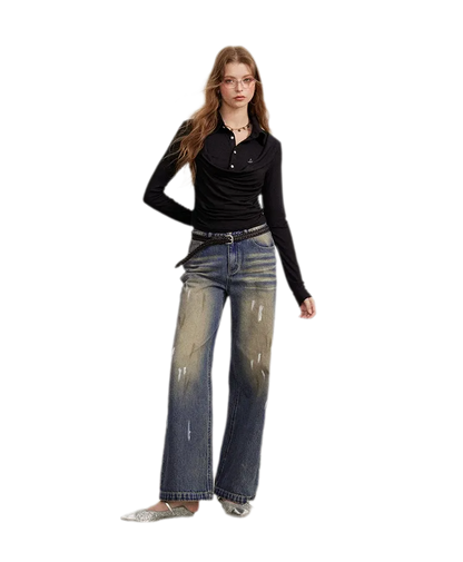 Washed Paint-Splatter Wide-Leg Jeans