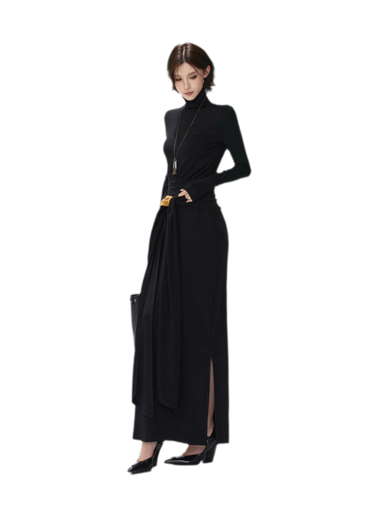 Turtleneck Ruched Waist Knit Dress