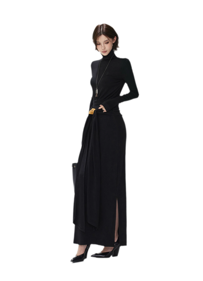 Turtleneck Ruched Waist Knit Dress