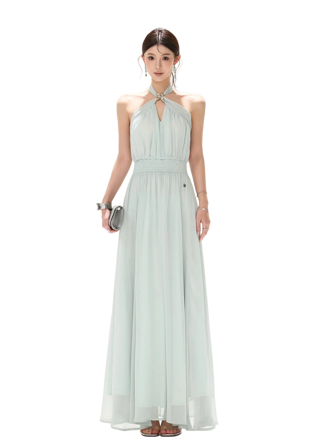 Misty Blue Halter Neck Chiffon Long Dress