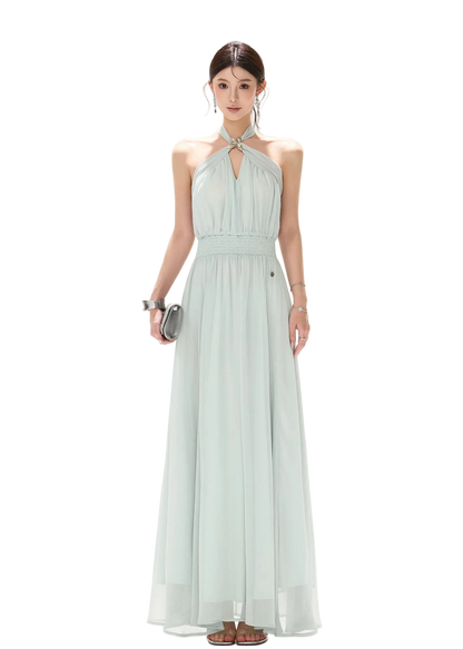 Misty Blue Halter Neck Chiffon Long Dress