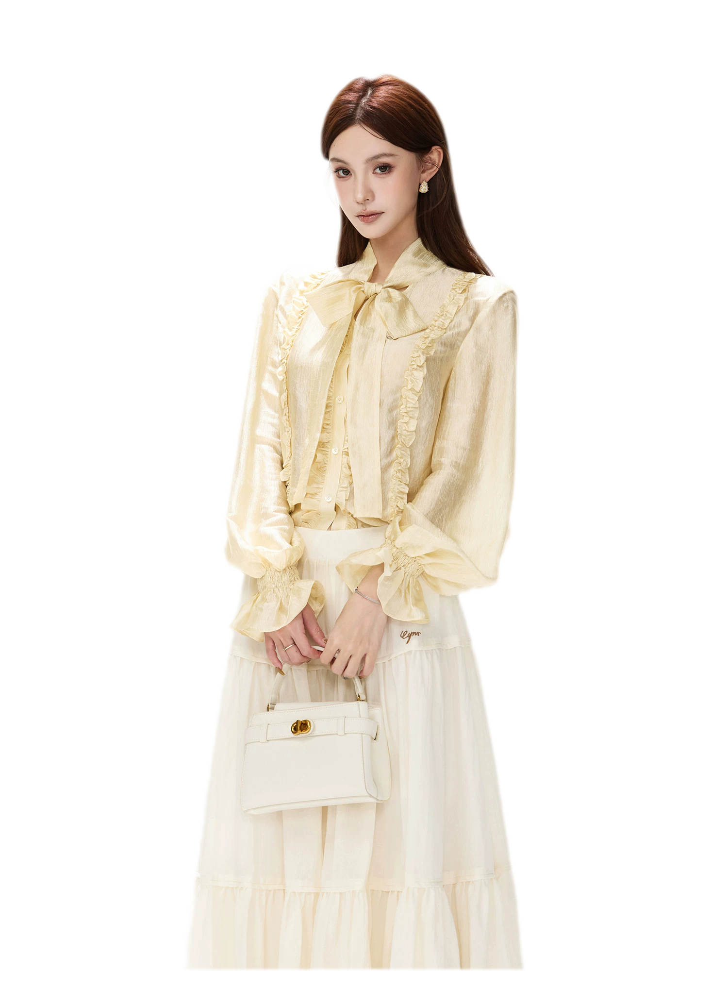 Shimmering Ruffle Lantern Sleeve Blouse