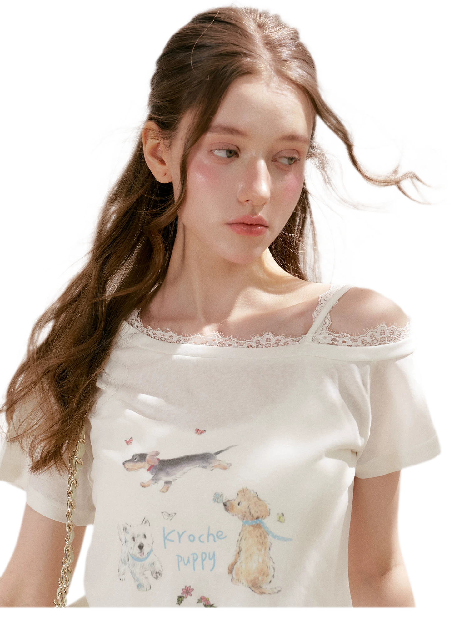 Tencel Cotton French Lace Puppy Print Asymmetric T-Shirt