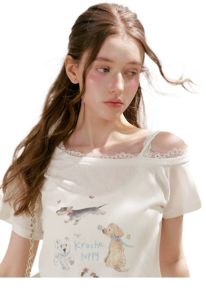 Tencel Cotton French Lace Puppy Print Asymmetric T-Shirt