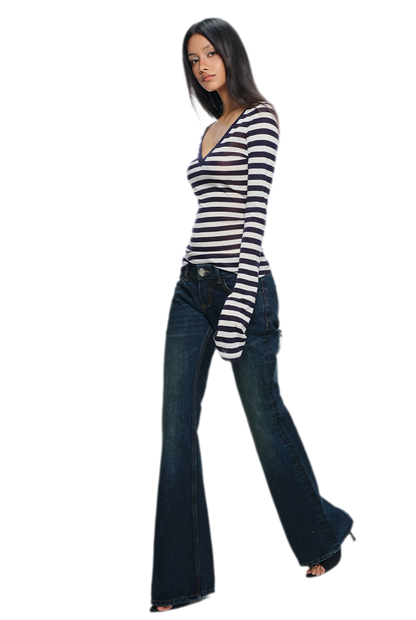 Wool V-Neck Striped T-Shirt