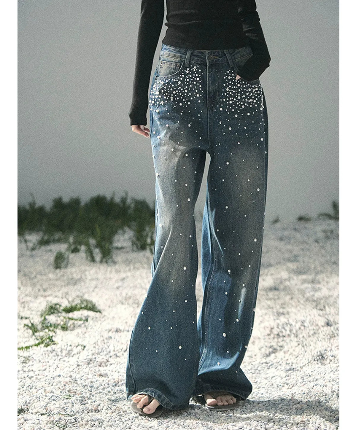 Washed Pearl Wide-Leg Jeans