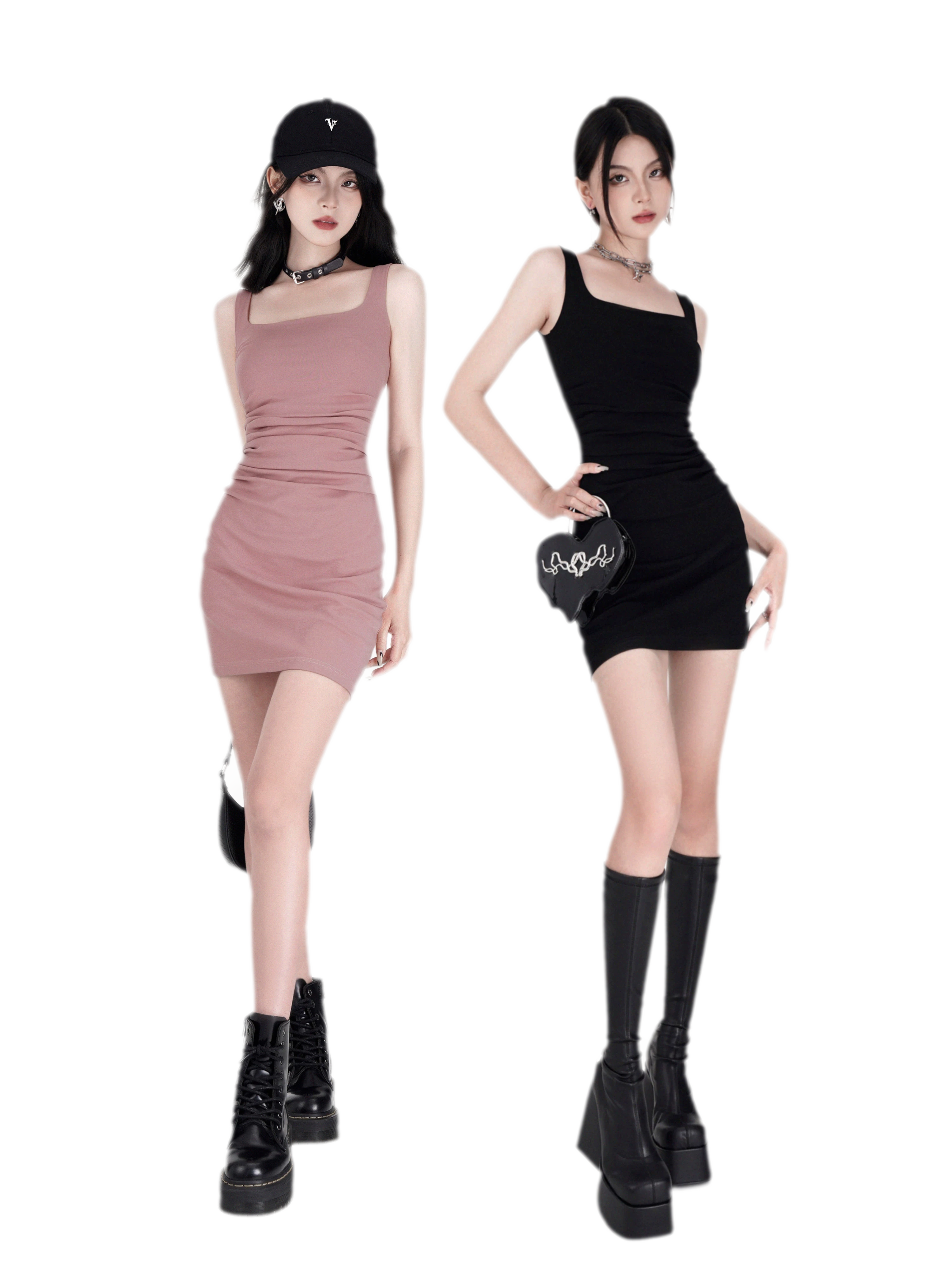 Stretch Ruched Square-Neck Mini Dress