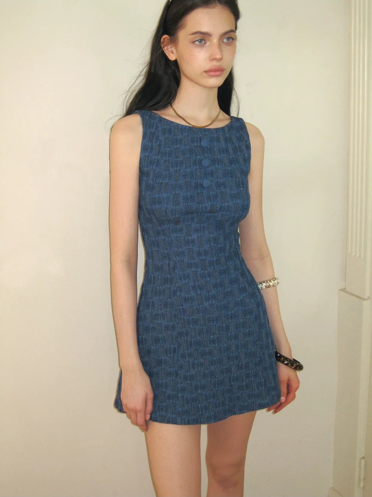 Textured Denim Blue Short Dress