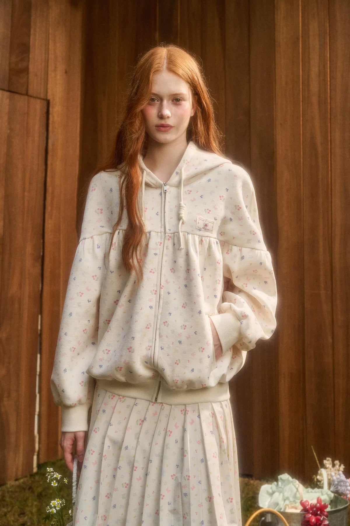 Printed Hooded Sweatshirt Pleated Skirt