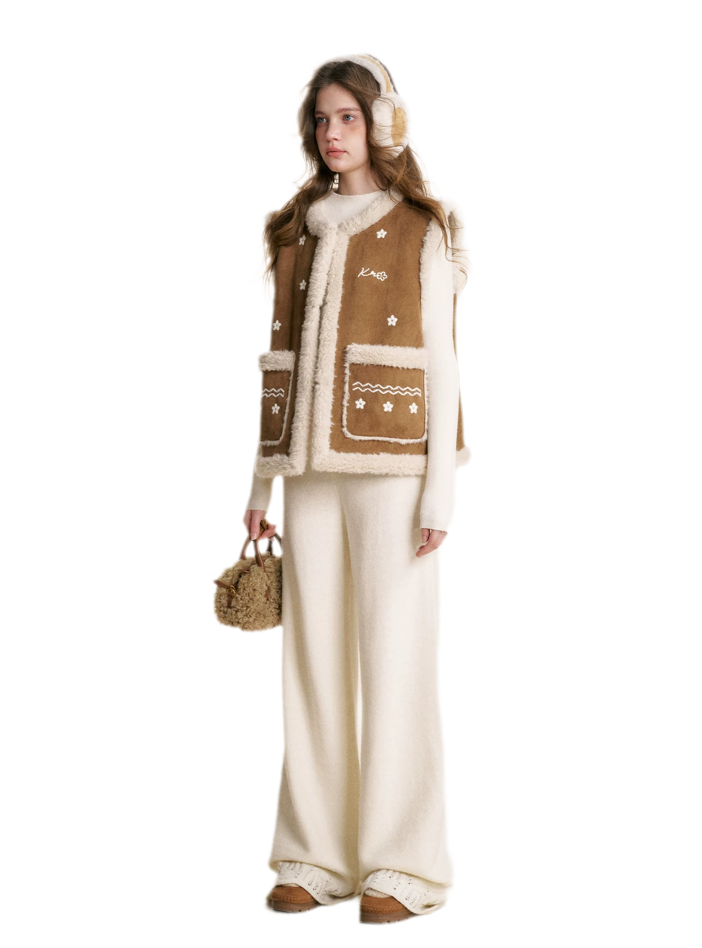 Shearling Floral Embroidered Vest