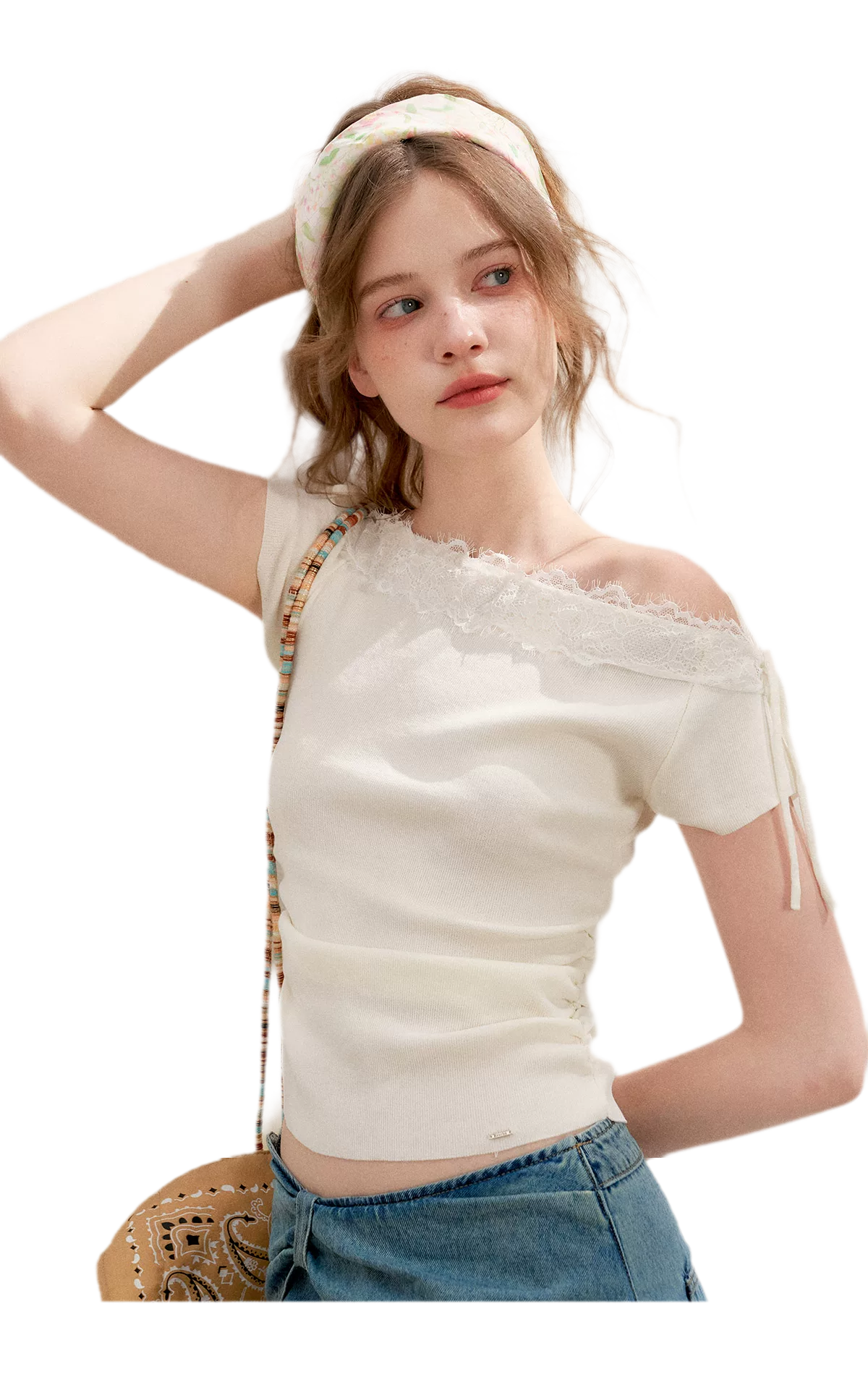 Lace Trim Off-Shoulder Knit Top &amp; Denim Pants