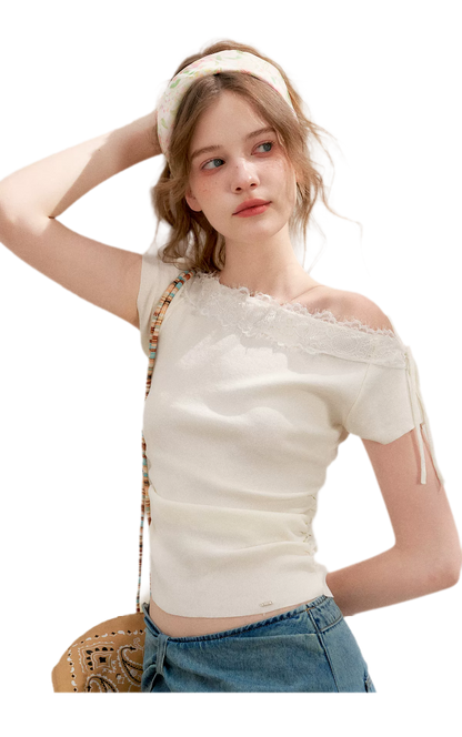 Lace Trim Off-Shoulder Knit Top &amp; Denim Pants