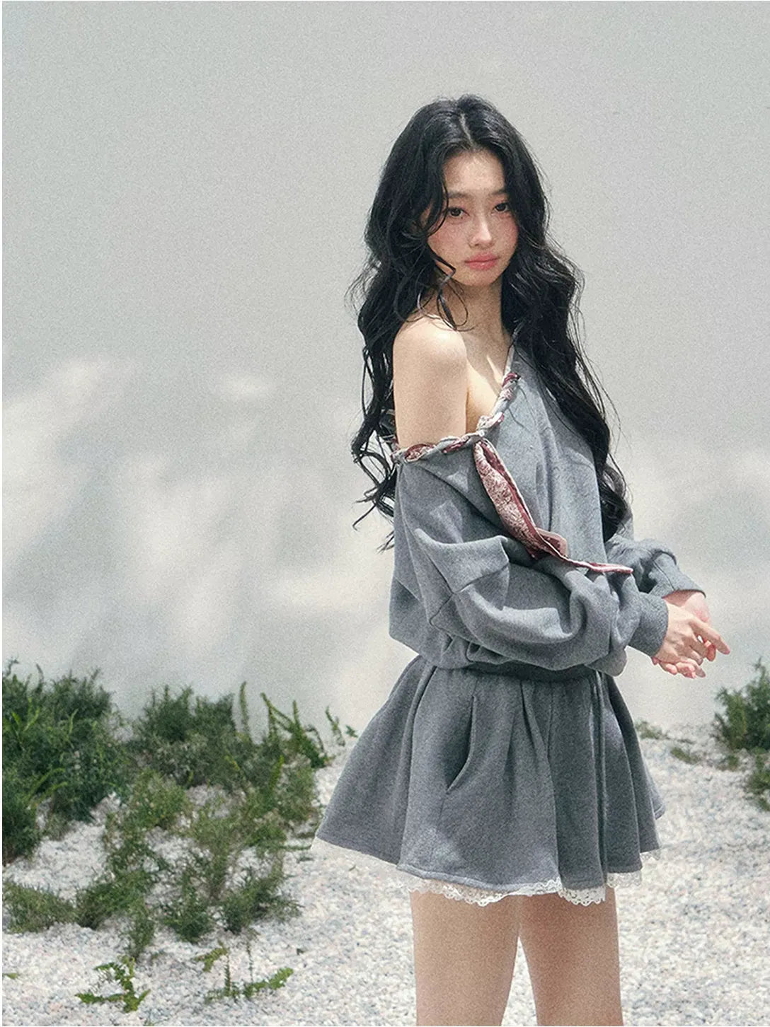Lace Off-Shoulder Sweatshirt Dress