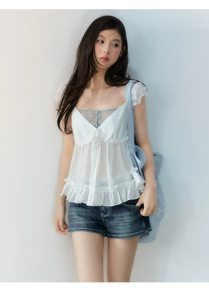 Korean Style Lace Spliced Doll Blouse