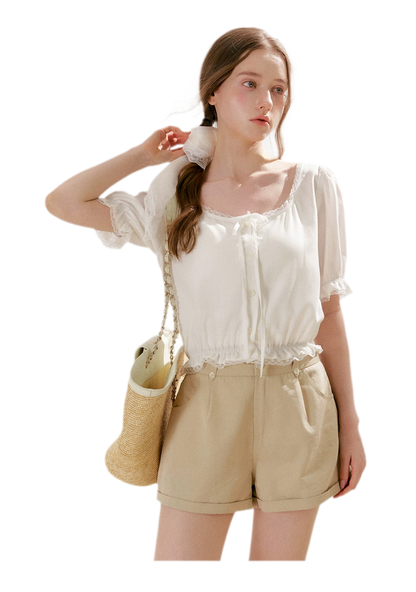 Lace Trim Puff Sleeve T-Shirt