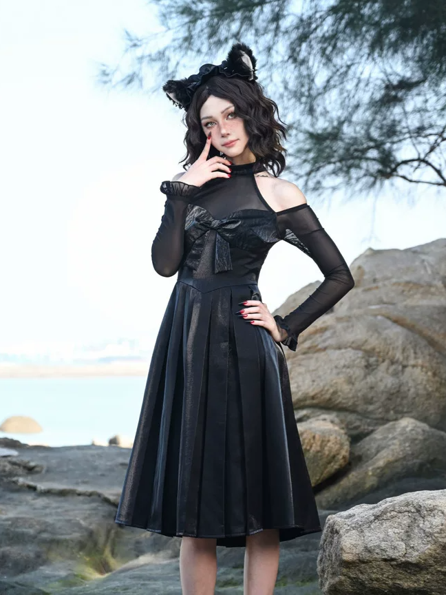 Glossy Halter Pleated Midi Dress