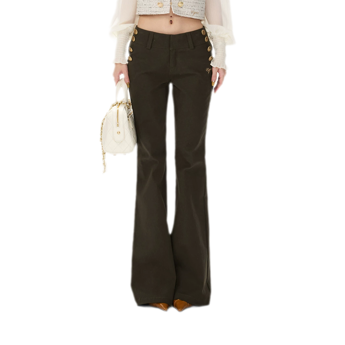 Low-Rise Metal-Button Flare Pants