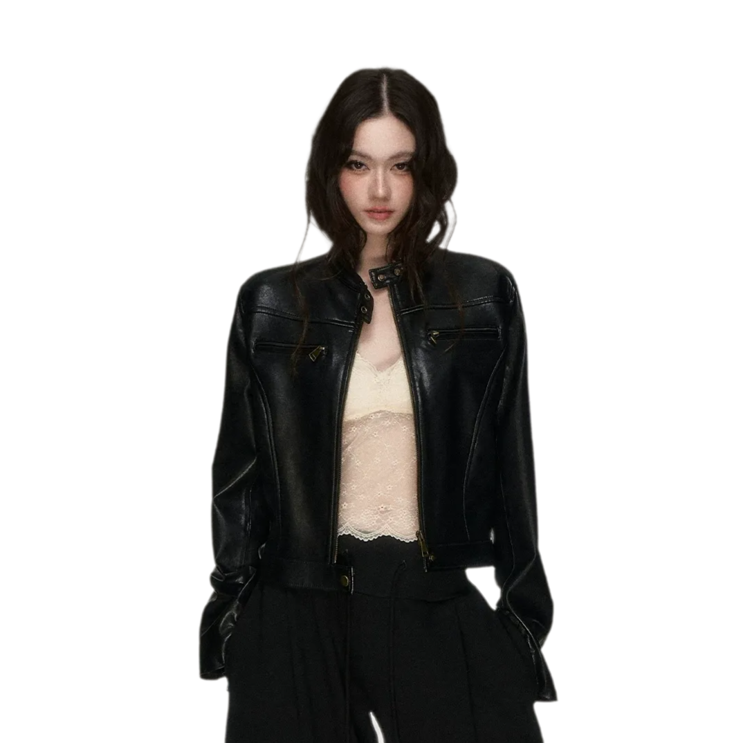 Vintage Stand-Collar Leather Jacket