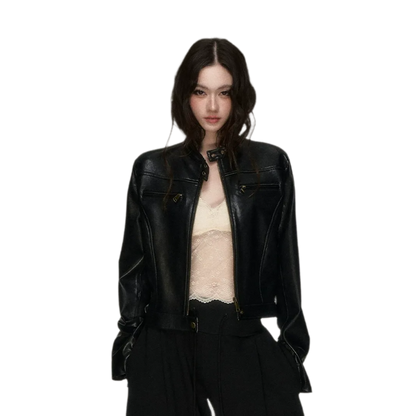 Vintage Stand-Collar Leather Jacket