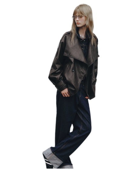 Faux-Leather Oversized Double-Breasted Jacket