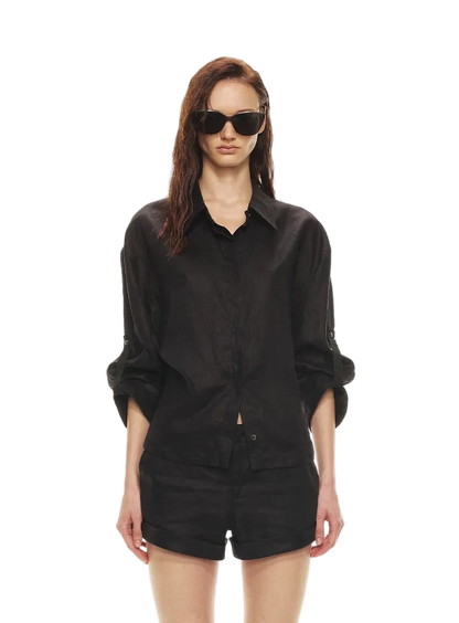 Linen Waist-Defined Shirt &amp; Low-Rise Rolled Shorts Set