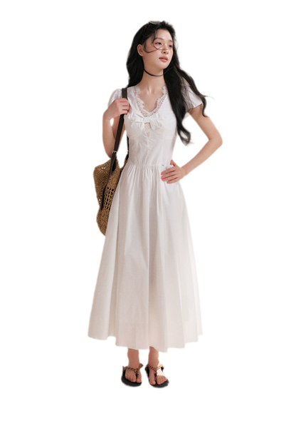 Knot Design French Lace Puff Sleeve A-Line Dress