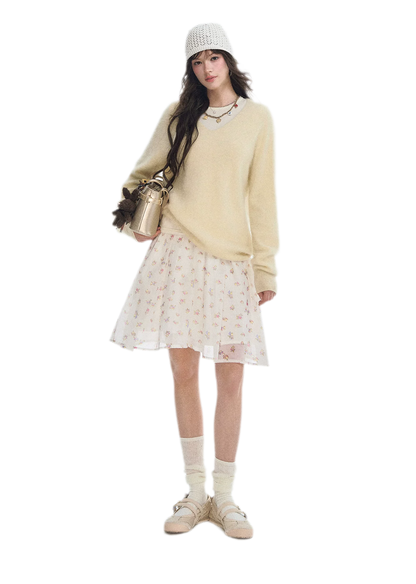 Pleated Floral A-Line Skirt