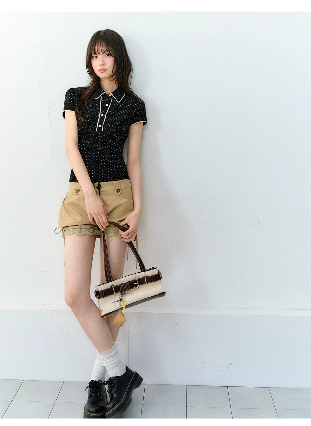 Korean Style Lyocell Waist-Tie Polka Dot Puff Sleeve