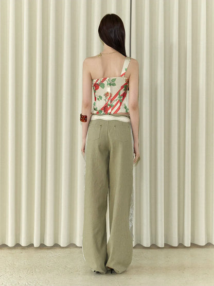 Retro Lace Spliced Loose Jeans