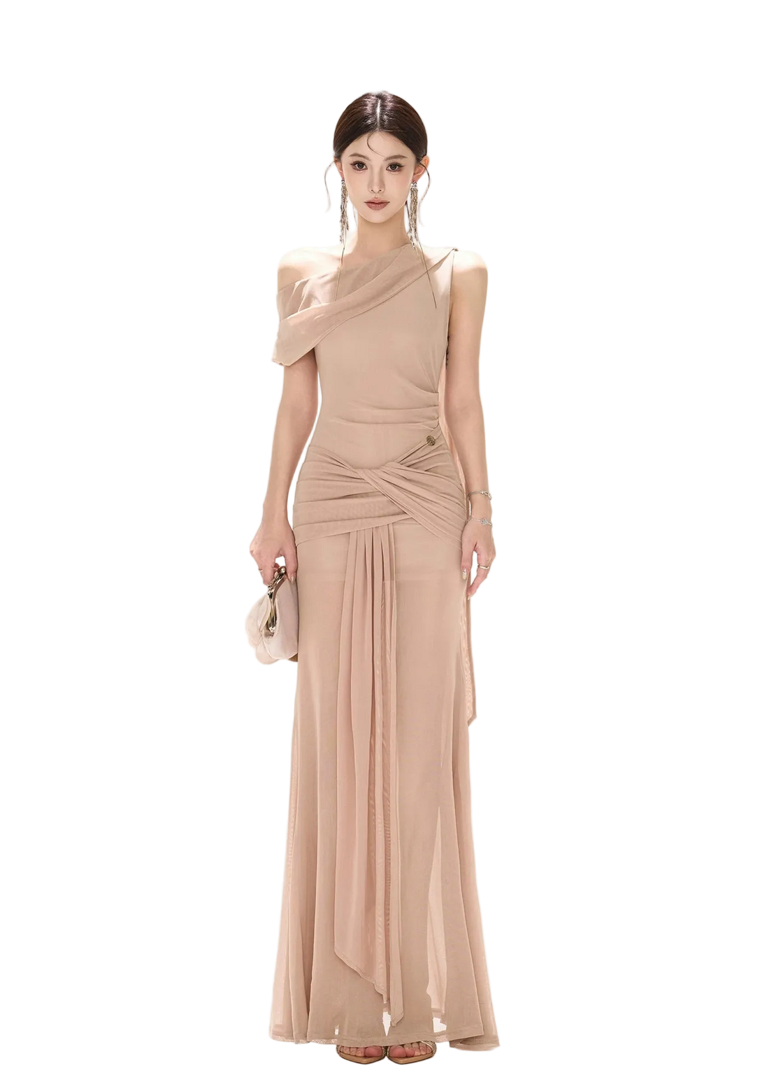 Asymmetric Off-Shoulder Mesh Long Dress