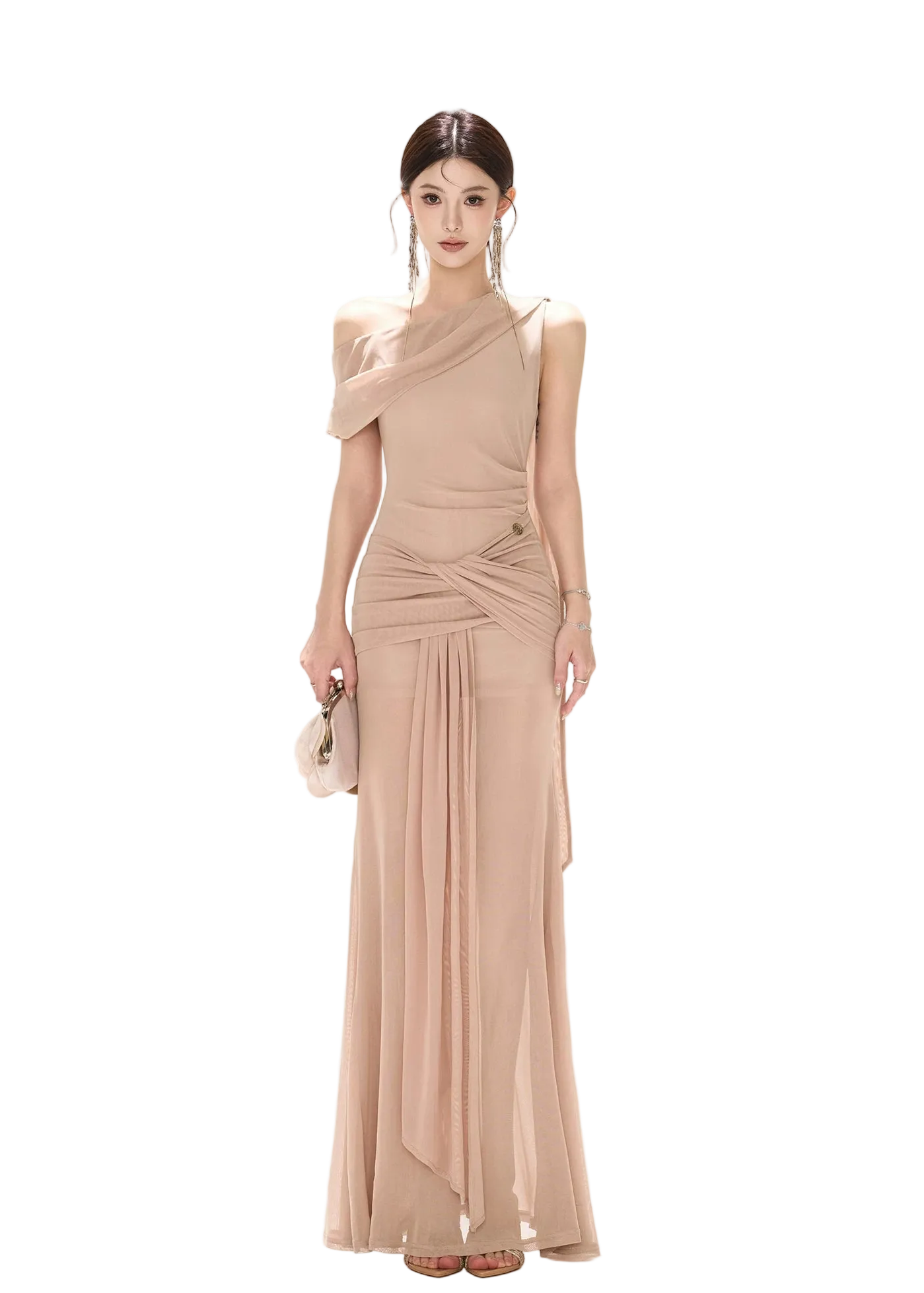 Asymmetric Off-Shoulder Mesh Long Dress