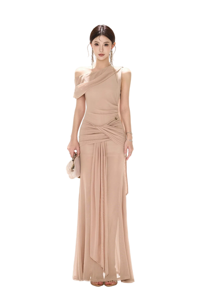Asymmetric Off-Shoulder Mesh Long Dress