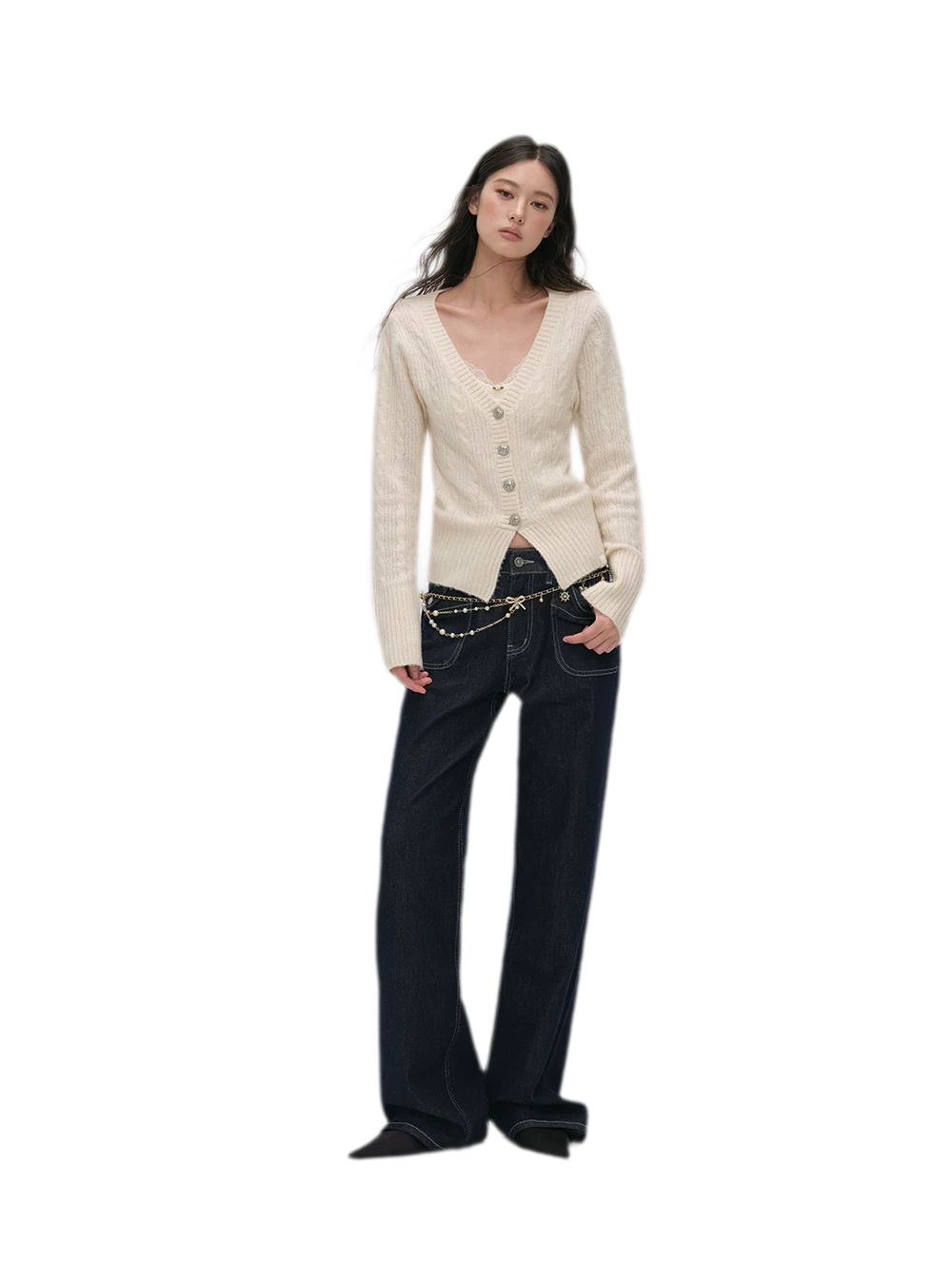 Brushed Cable-Knit Fitted Cardigan