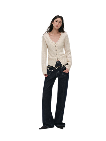 Brushed Cable-Knit Fitted Cardigan