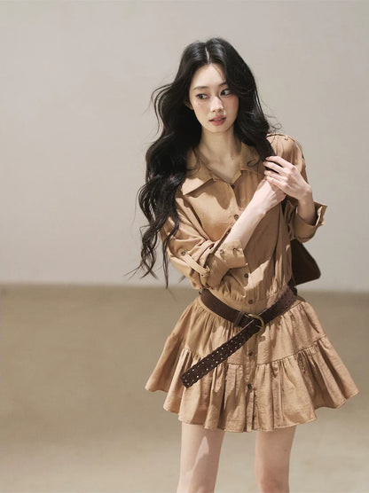 High-Waist Ruffle Shirt Dress