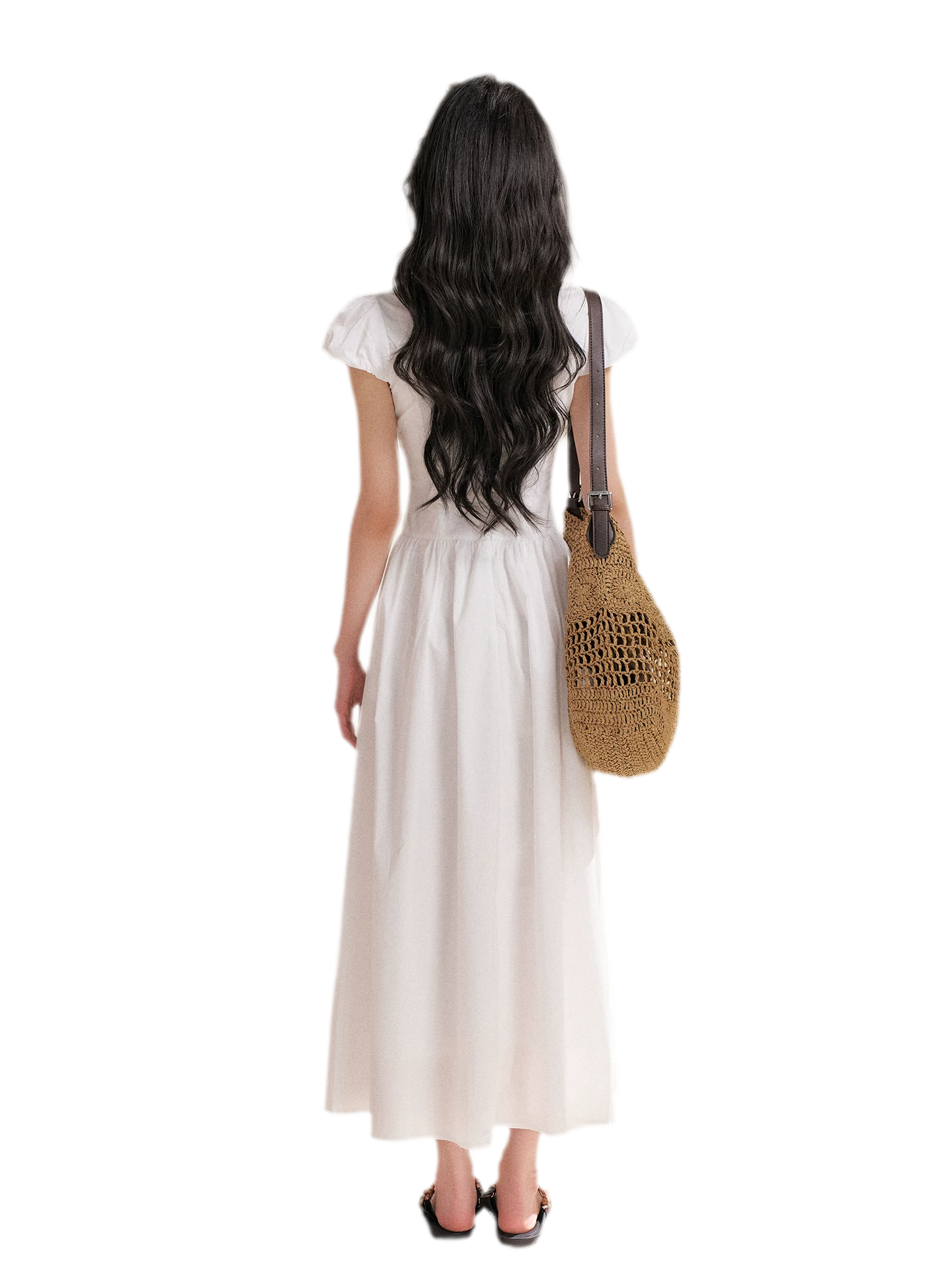 Knot Design French Lace Puff Sleeve A-Line Dress