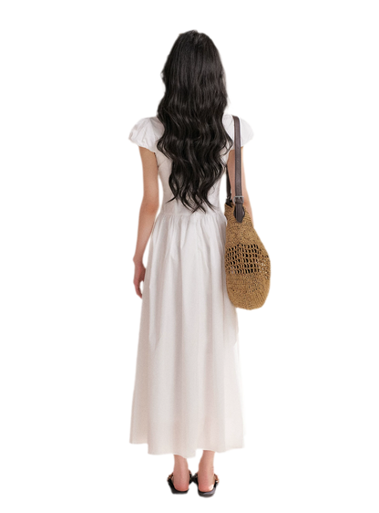 Knot Design French Lace Puff Sleeve A-Line Dress