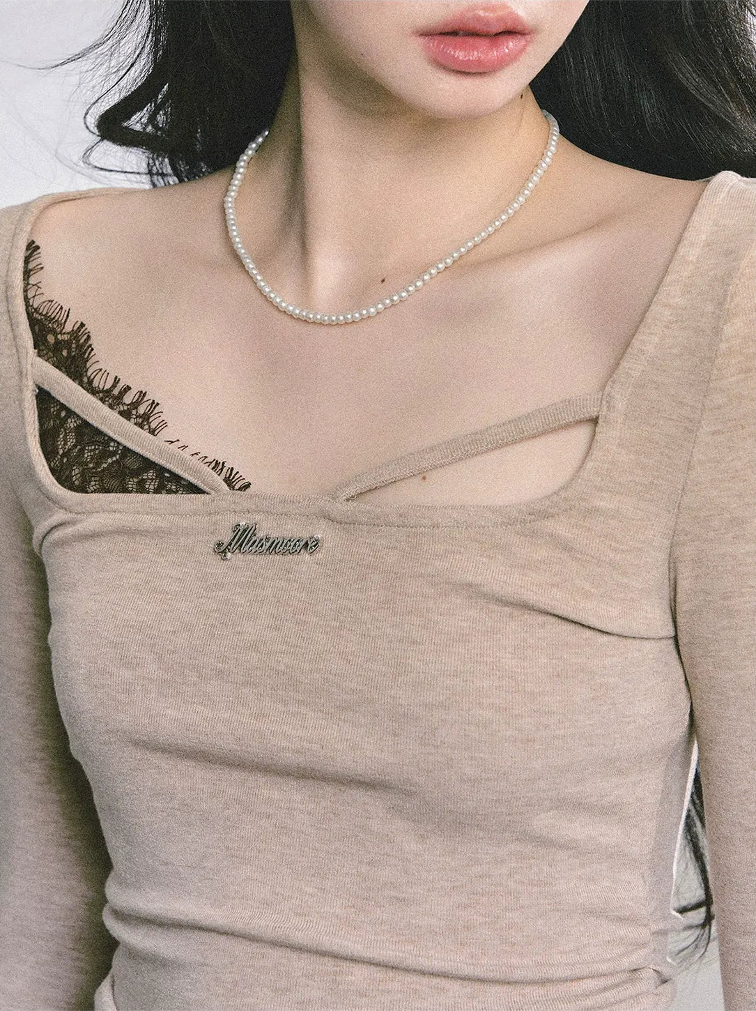 Lace Panel Fitted Long-Sleeve Top