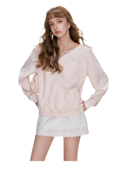 Lace Trim Back Cutout Pullover