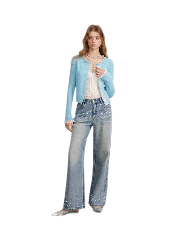 Rhinestone Pearl Wide-Leg Jeans