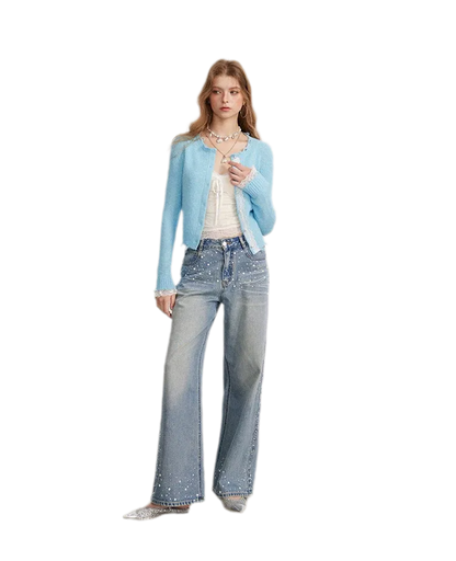 Rhinestone Pearl Wide-Leg Jeans