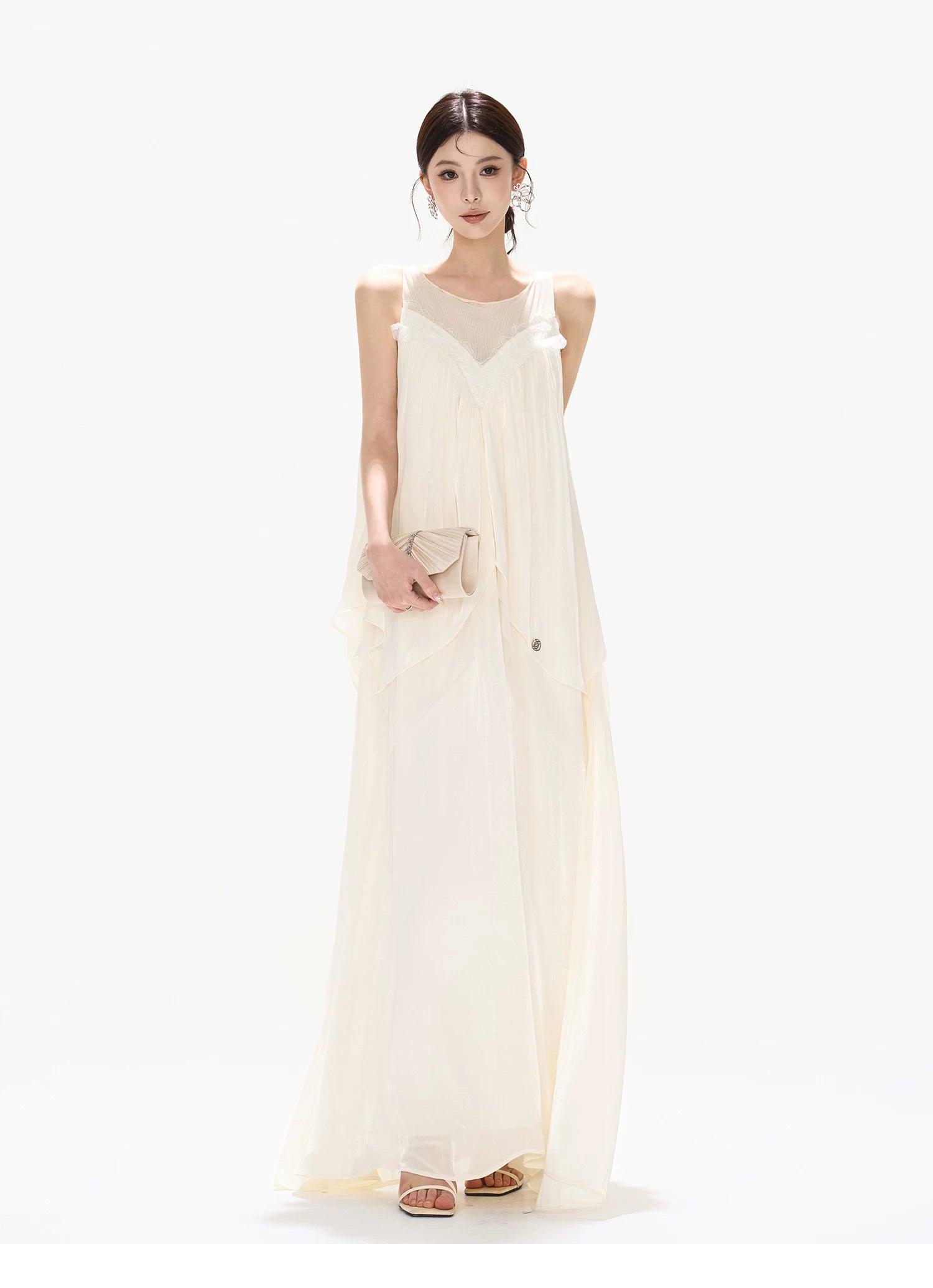Sleeveless Mesh Ruffle Long Dress