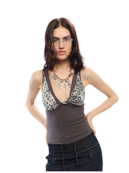 Leopard Print Rhinestone V-neck Camisole