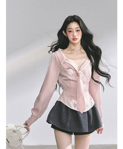 Satin Striped Tie Shirt
