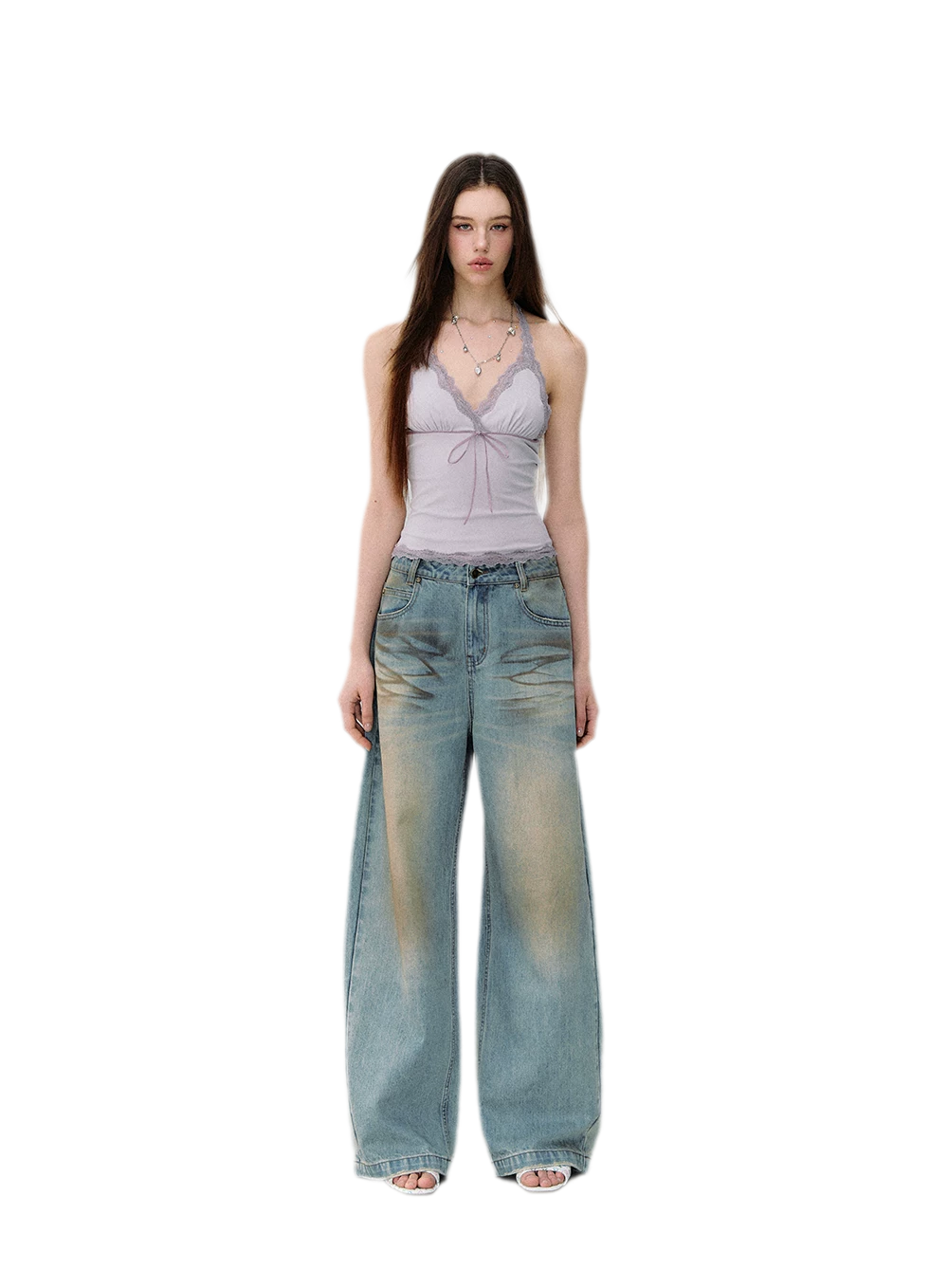 Denim Halter Top and Wide-Leg Jeans Set