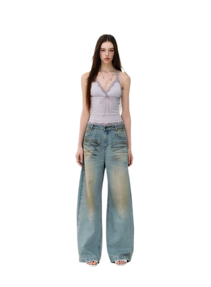 Denim Halter Top and Wide-Leg Jeans Set