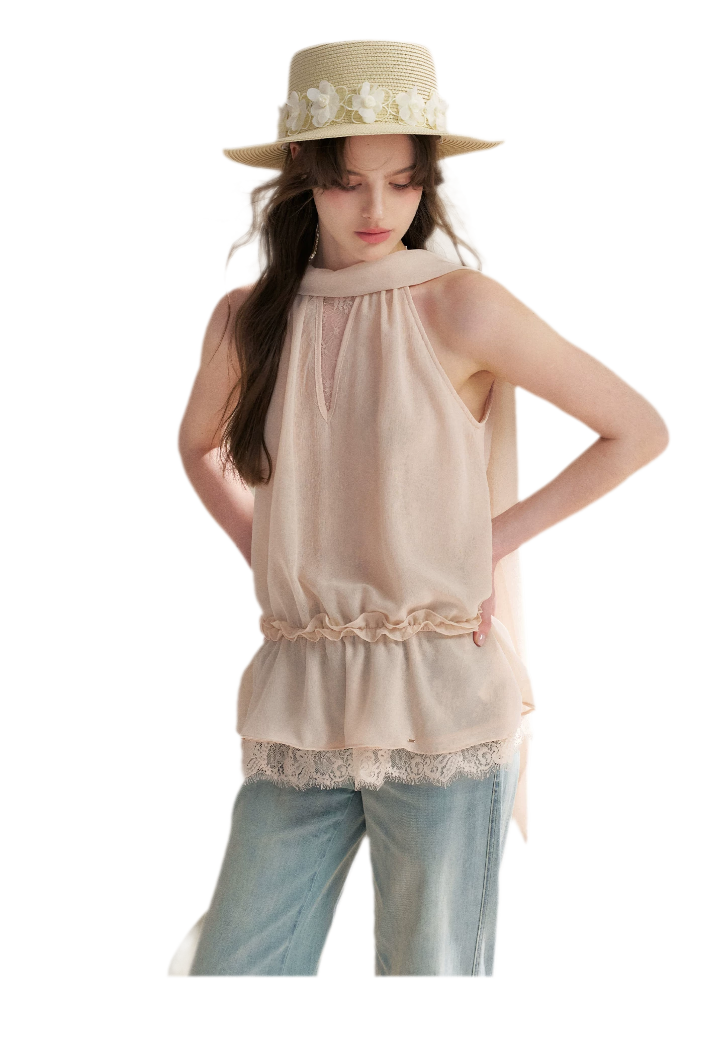 Chiffon Lace Halter V-Neck Blouse