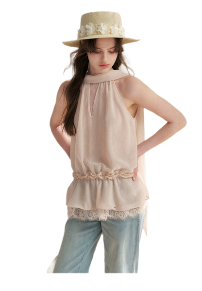 Chiffon Lace Halter V-Neck Blouse