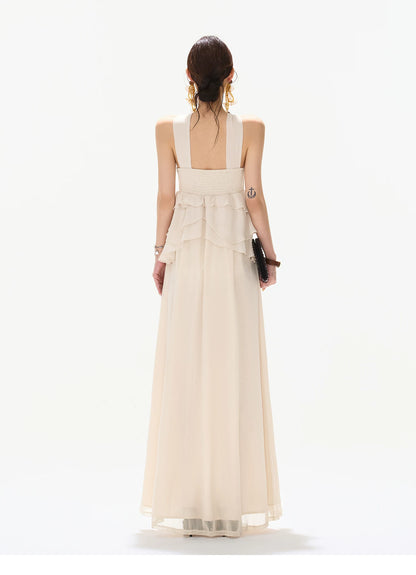 Flowing Halter Rhinestone Chiffon Long Dress