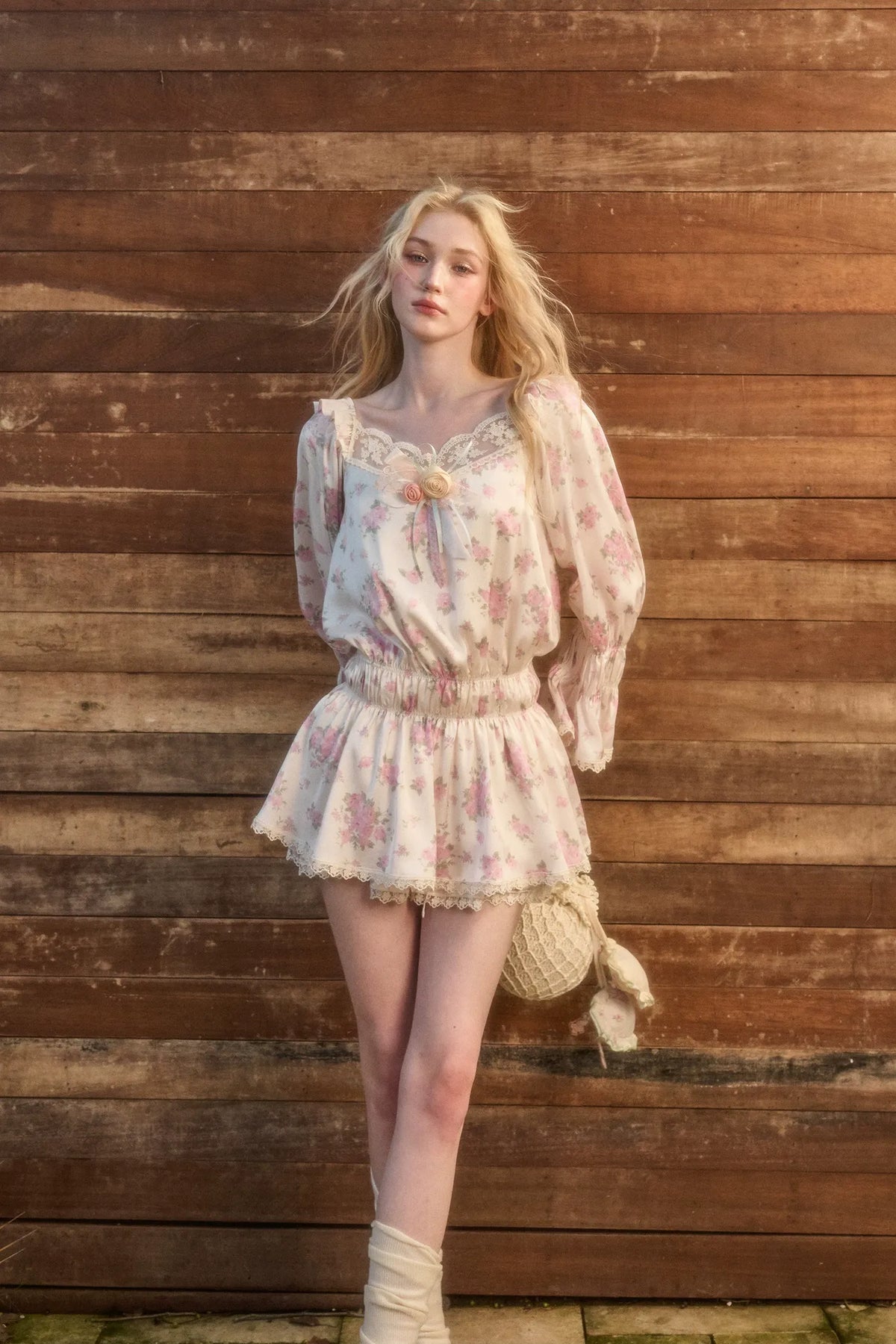 Floral Lace Puff-Sleeve Dress Set